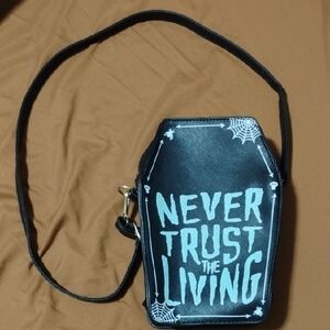 Black Coffin Crossbody Bag with White Text